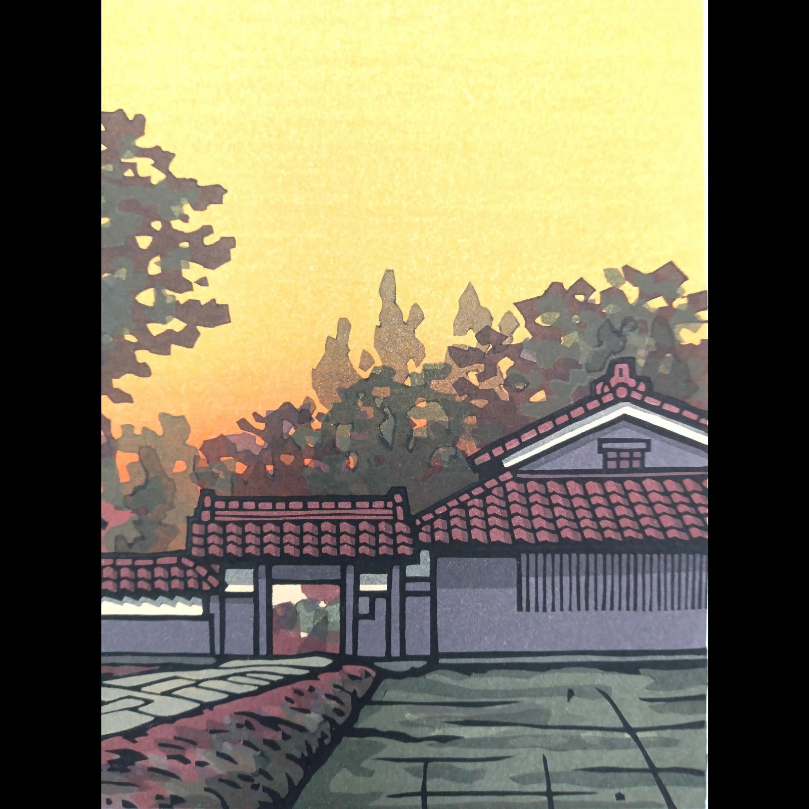 真作]創作版画 西嶋勝之先生木版画「夕明」サインあり 無限定 ☆送料