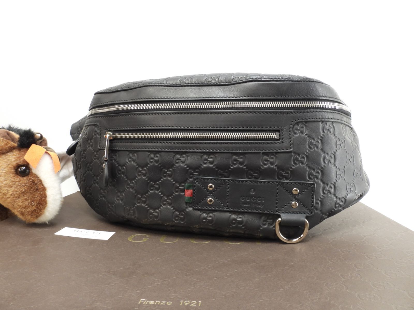 グッチ ボディバッグ大 GG シマレザー黒 斜掛ショルダーバッグ