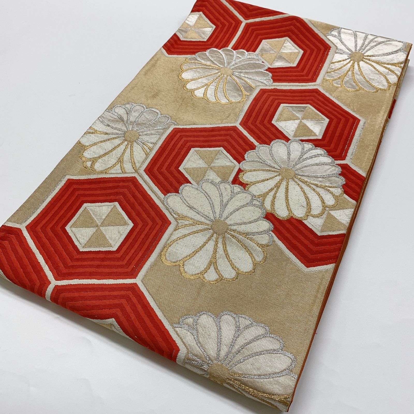 6827］袋帯 花亀甲文様 金銀糸 金 六通 未仕立て 正絹 着物 フォーマル