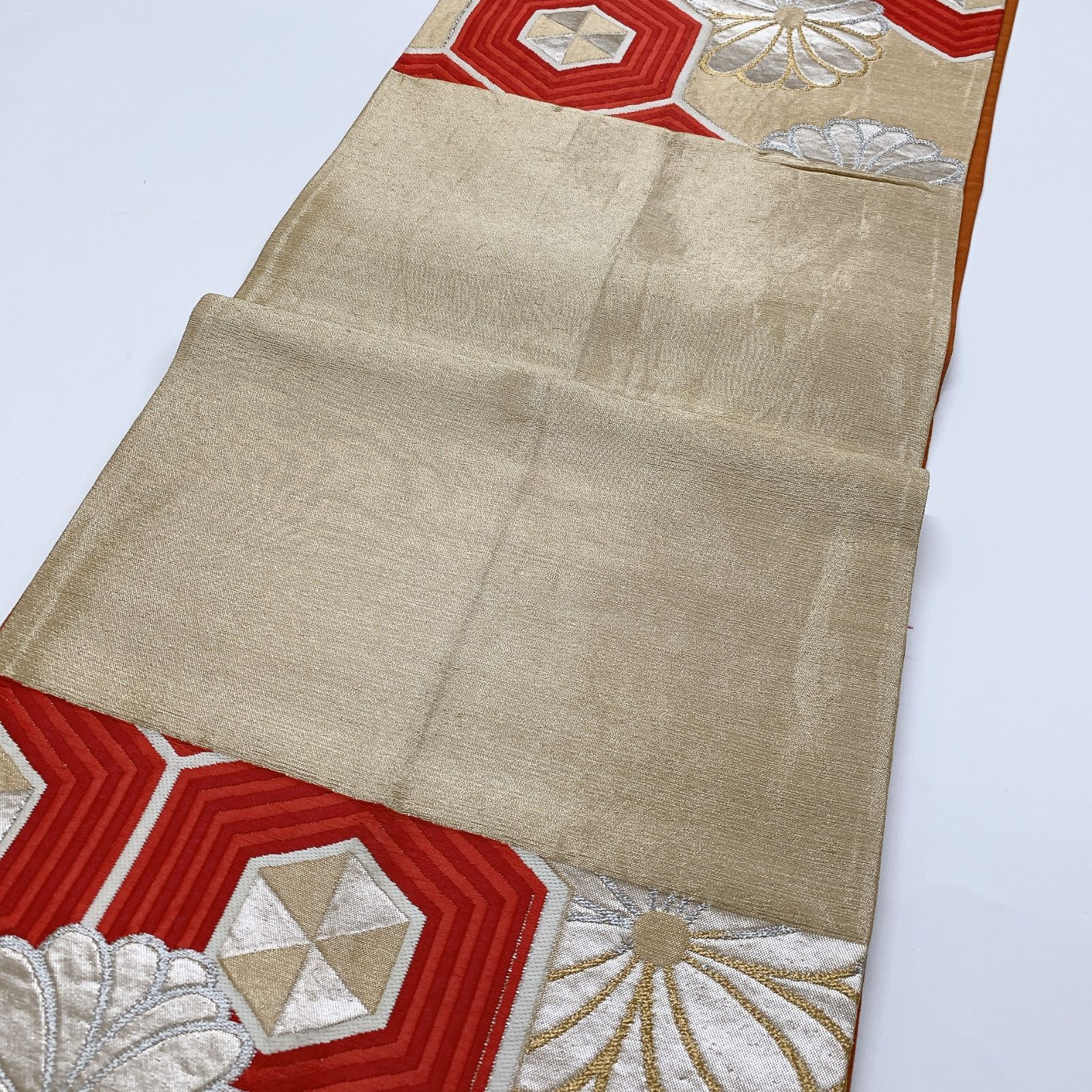 6827］袋帯 花亀甲文様 金銀糸 金 六通 未仕立て 正絹 着物 フォーマル