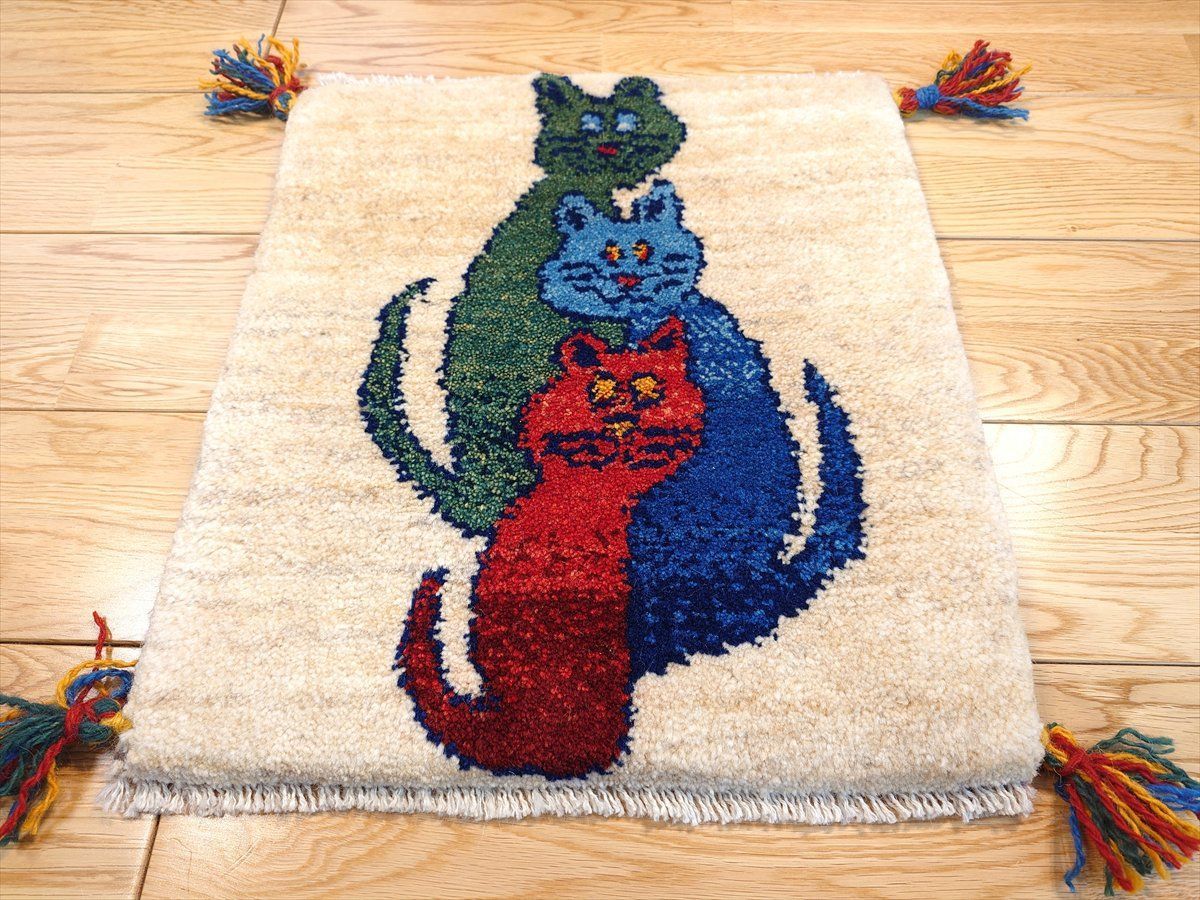 ペルシャ ギャッベ ミニマット ラグ 横41x45cm 3匹の猫 T7542 - メルカリ