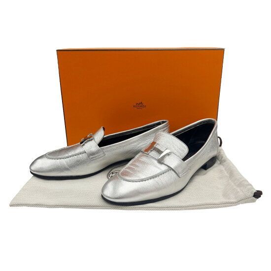 中古】HERMES エルメス モカシン パリ シルバー 37.5サイズ 日本サイズ