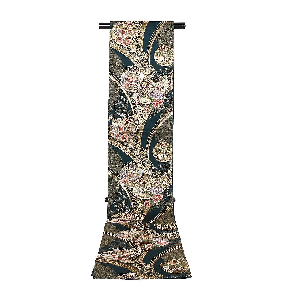 本日の特売品 ／ 振袖用 袋帯 正絹 緑 金 暈し 鈴 華文 菊 桜 藤 熨斗