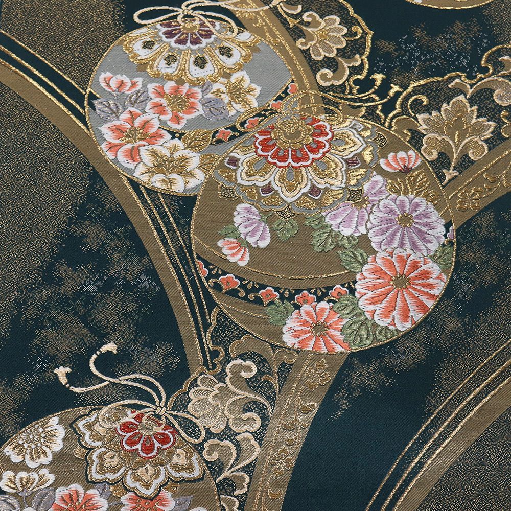 本日の特売品 ／ 振袖用 袋帯 正絹 緑 金 暈し 鈴 華文 菊 桜 藤 熨斗