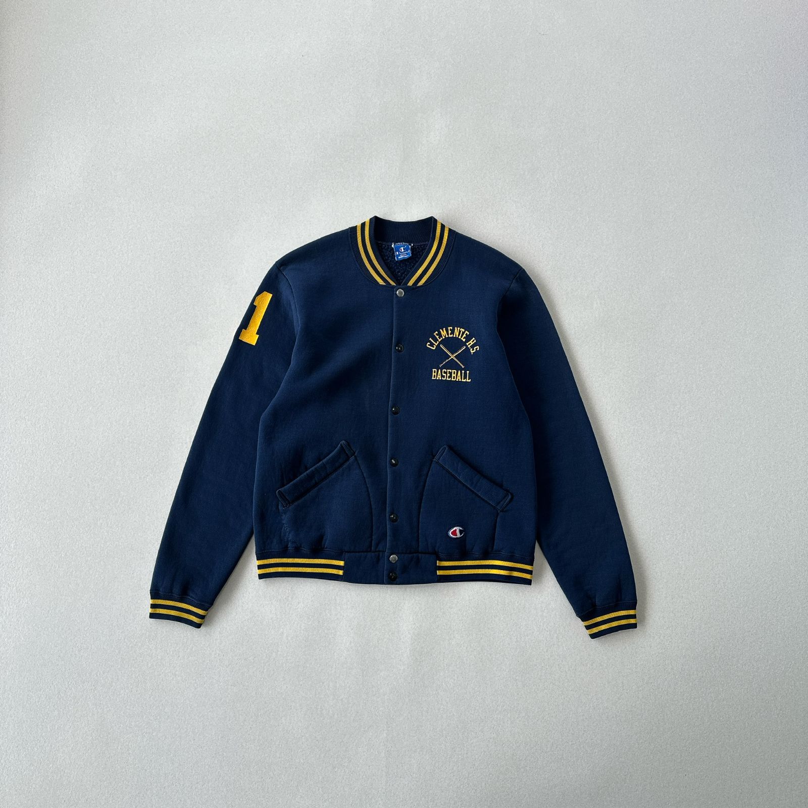 希少90s USA製】Champion 青タグ ボタスタ 豪華プリント ネイビー