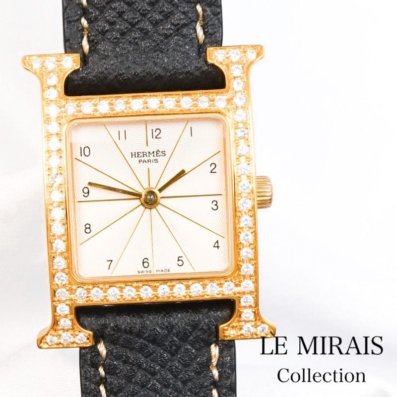 仕上済】エルメス Hウォッチ 白文字盤 ゴールド ダイヤ SS SS