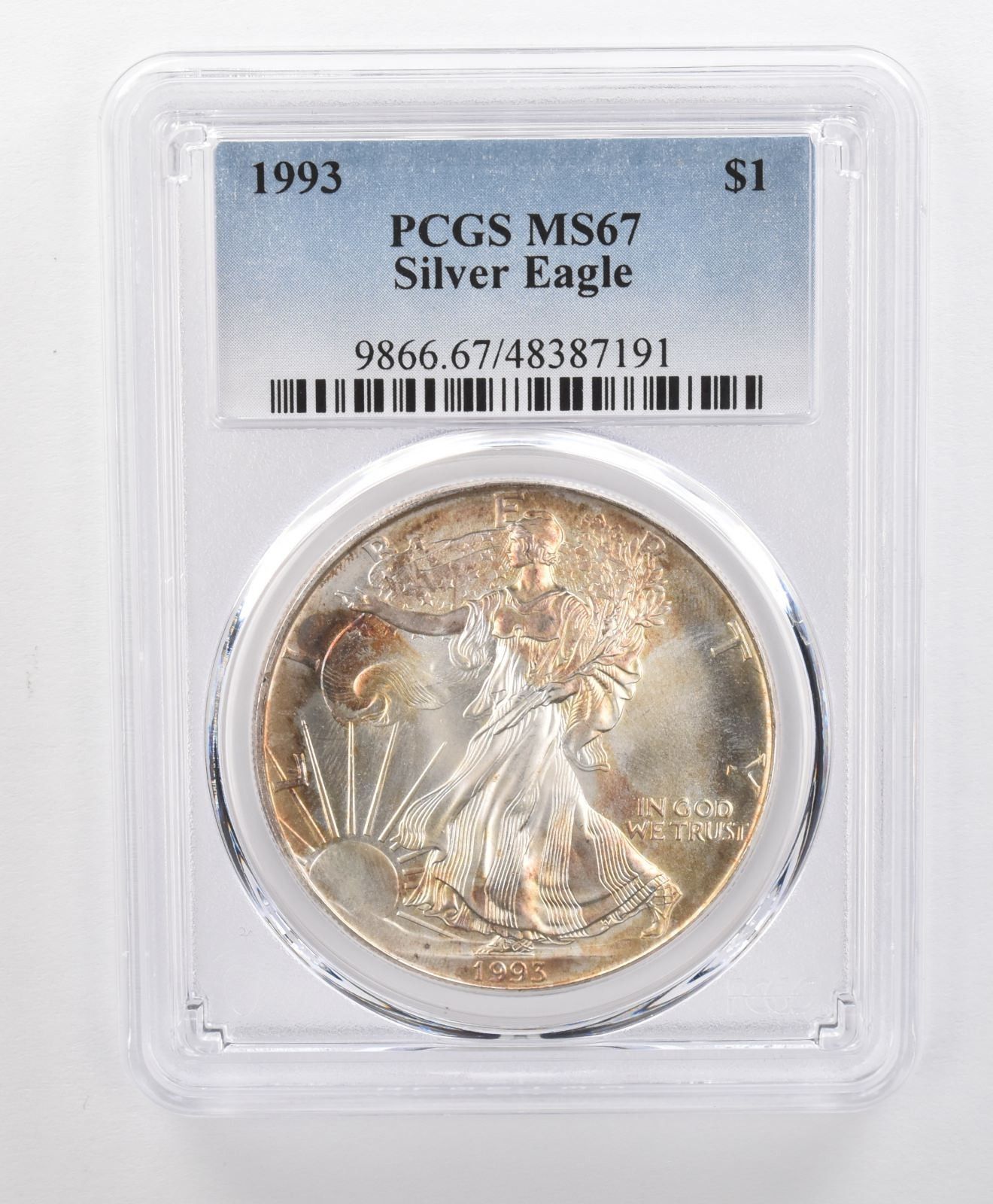 MS67 1993年 アメリカンシルバーイーグル PCGS 美しいTDイエローの