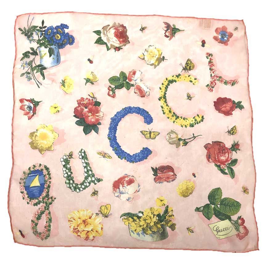 GUCCI グッチ フラワー 花柄 スカーフ カレ シルクシフォン ピンク