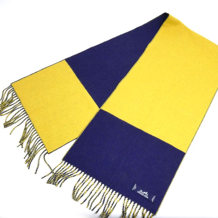 HERMES エルメス カシミヤ バイカラー マフラー ブルー イエロー