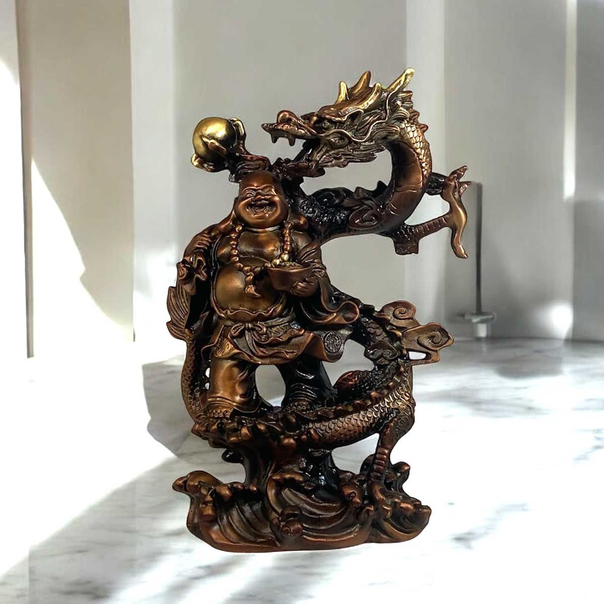 布袋尊 置物 真鍮製 龍 福袋 仏像｜24cm 金運 開運 招福 風水 縁起物