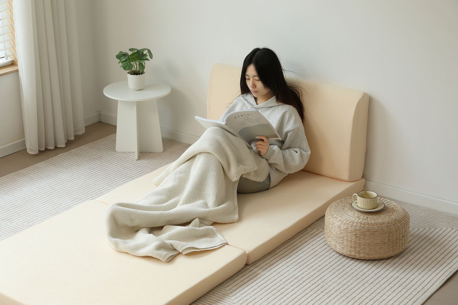 厚さ8cmベージュマット付き】ディベッド ソファベッド シングル 天然