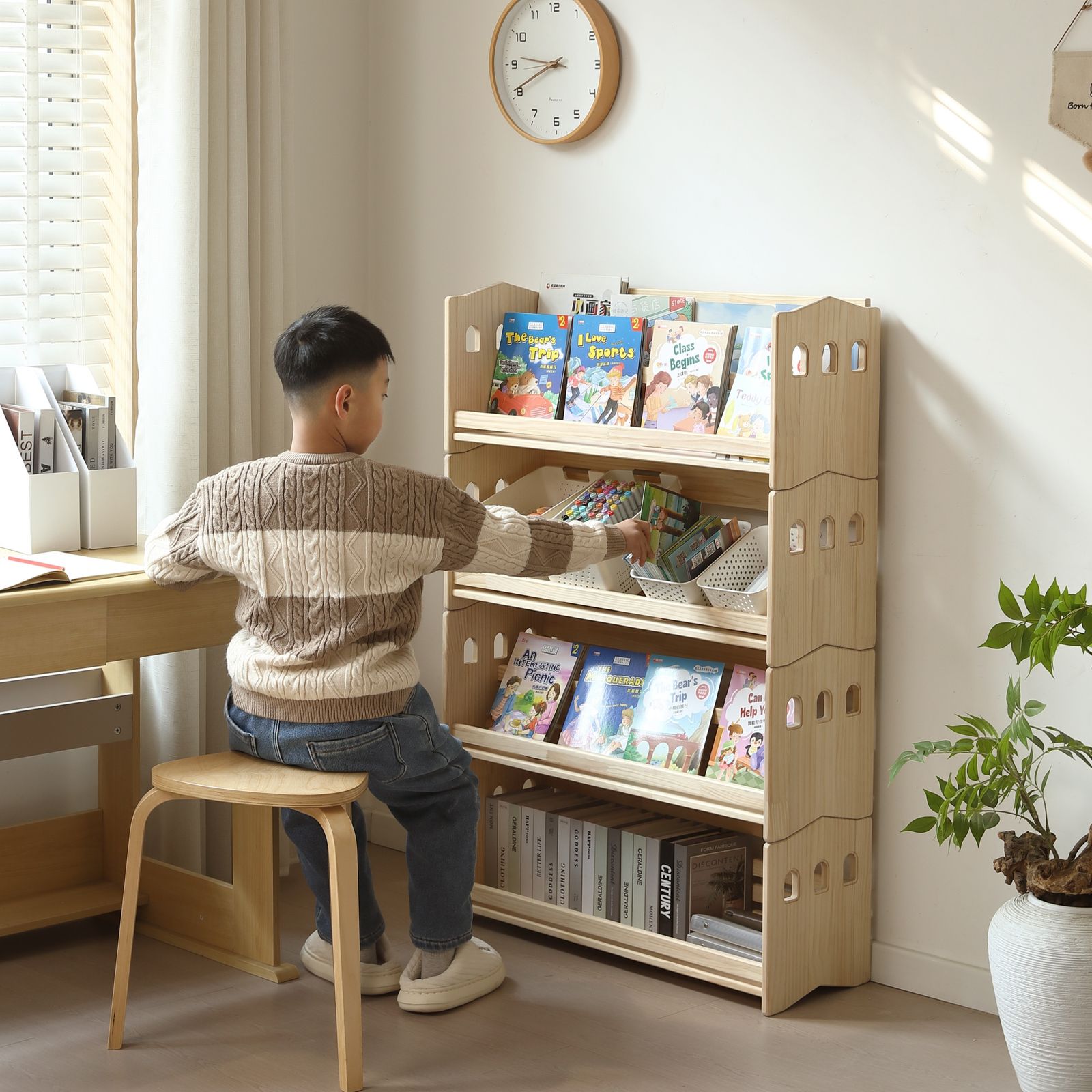 絵本棚のみ4段】天然木 絵本棚 本棚 おもちゃ収納 ブックシェルフ 