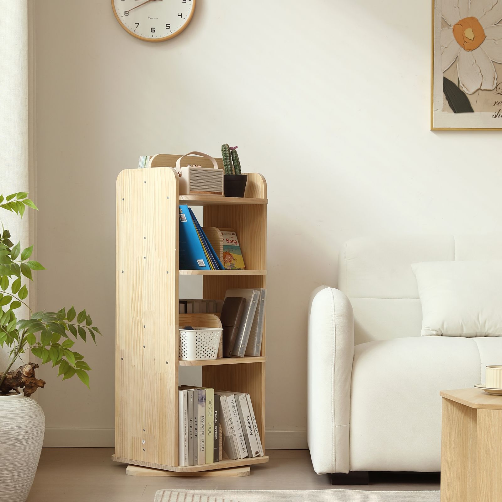 4段 】本棚 回転式 天然木製 パイン材 絵本棚 図鑑対応 コミック収納棚