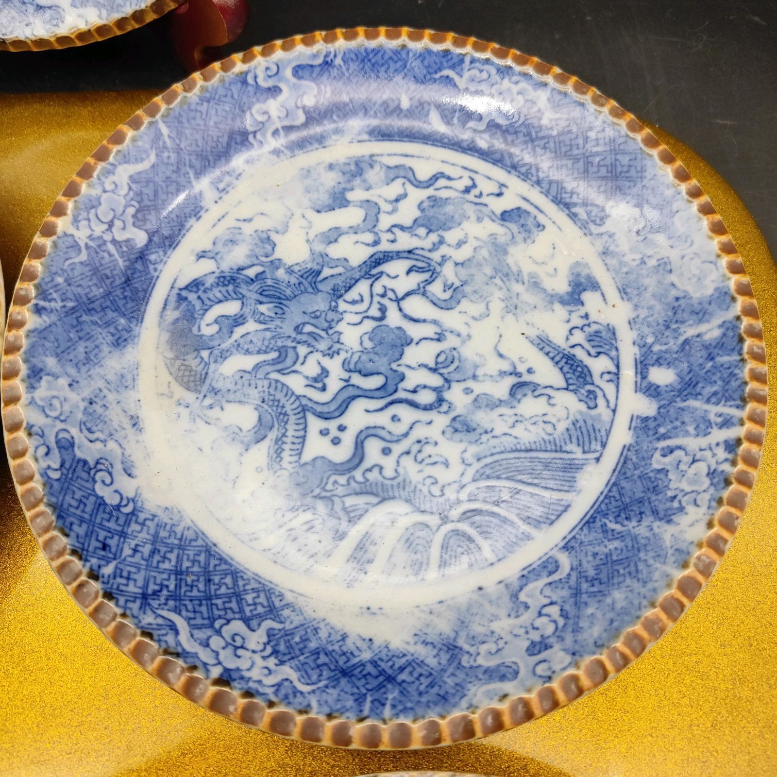 古伊万里 イゲ皿 瑞雲 龍文 6寸 染付 印判 明治時代 時代物 希少柄