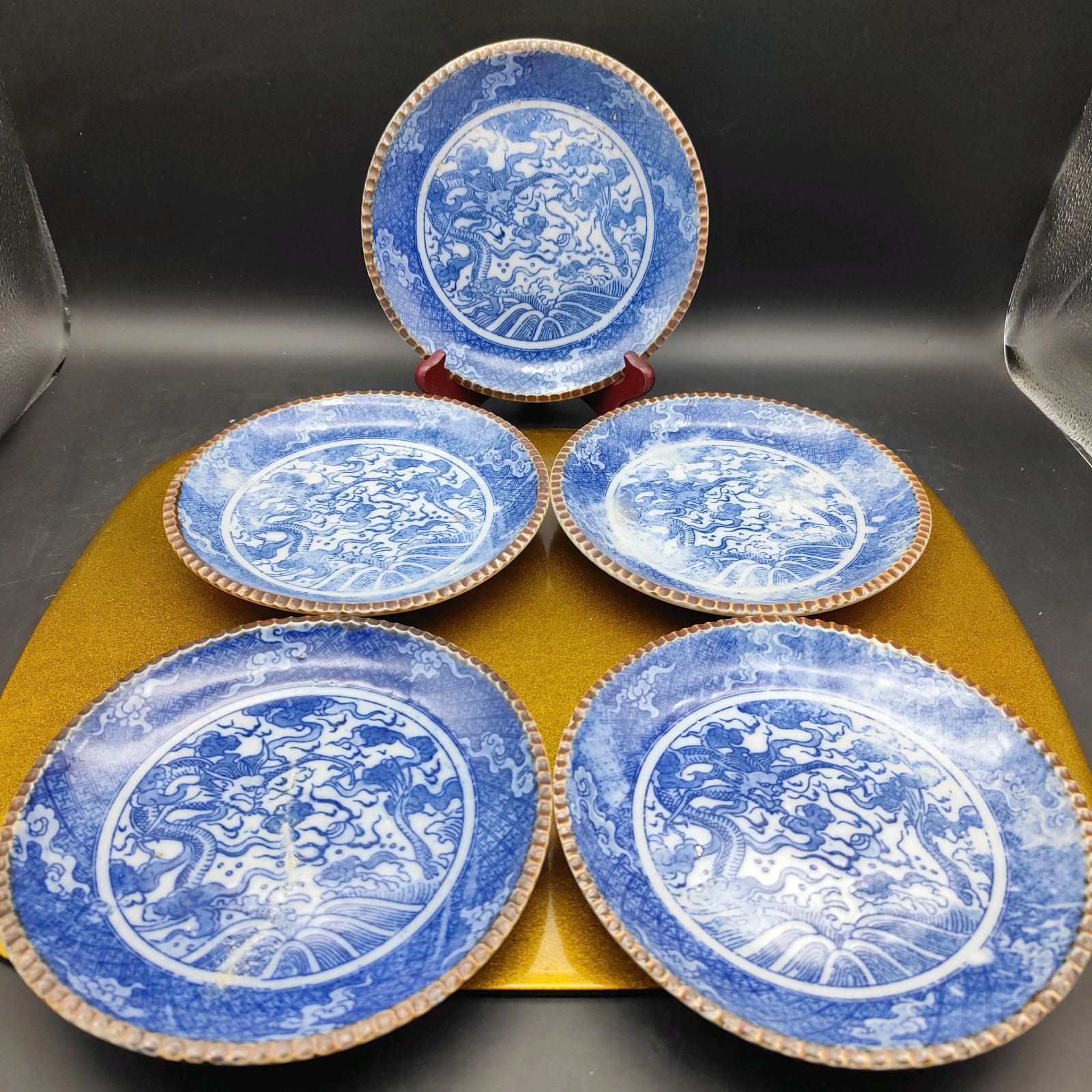 古伊万里 イゲ皿 瑞雲 龍文 6寸 染付 印判 明治時代 時代物 希少柄