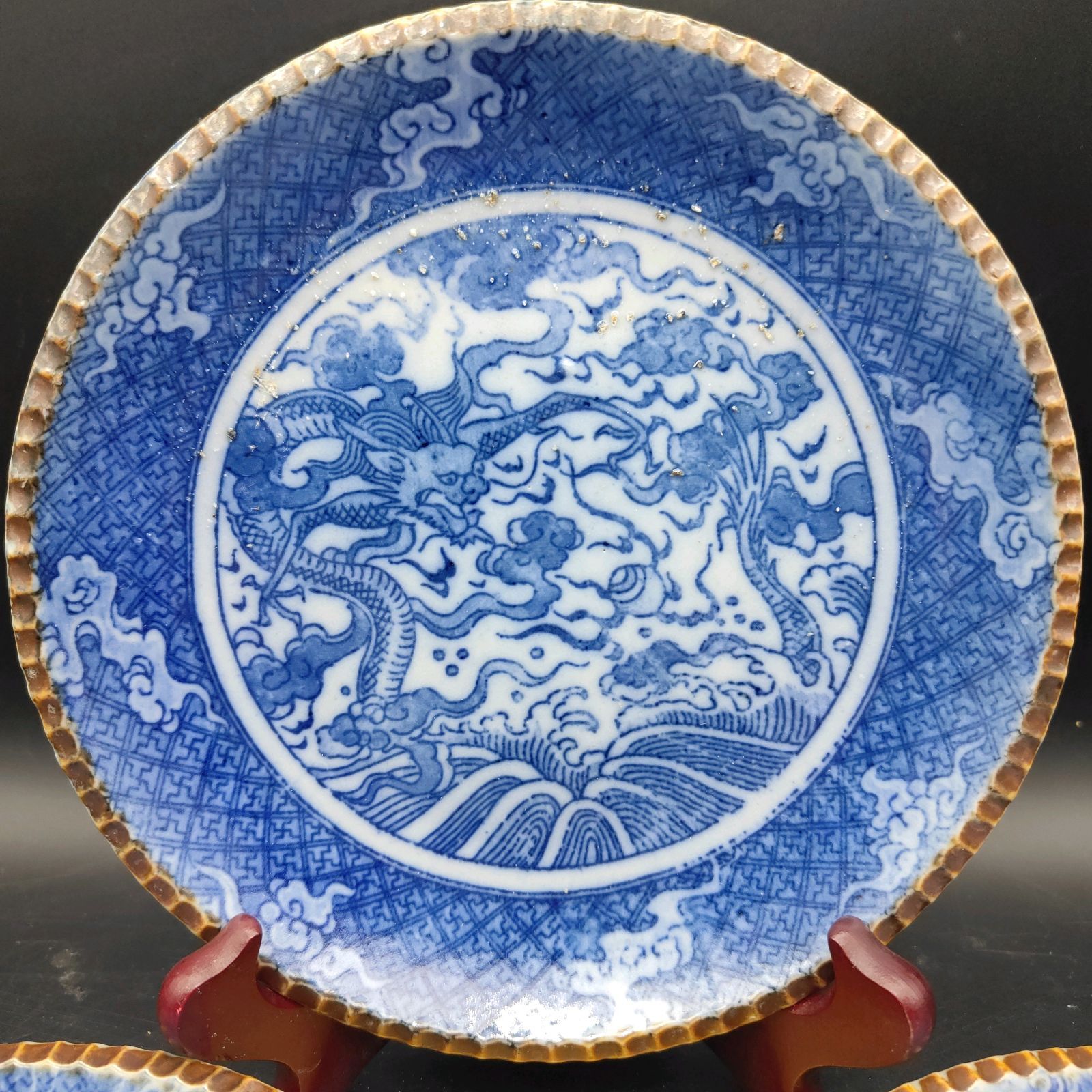 古伊万里 イゲ皿 瑞雲 龍文 6寸 染付 印判 明治時代 時代物 希少柄