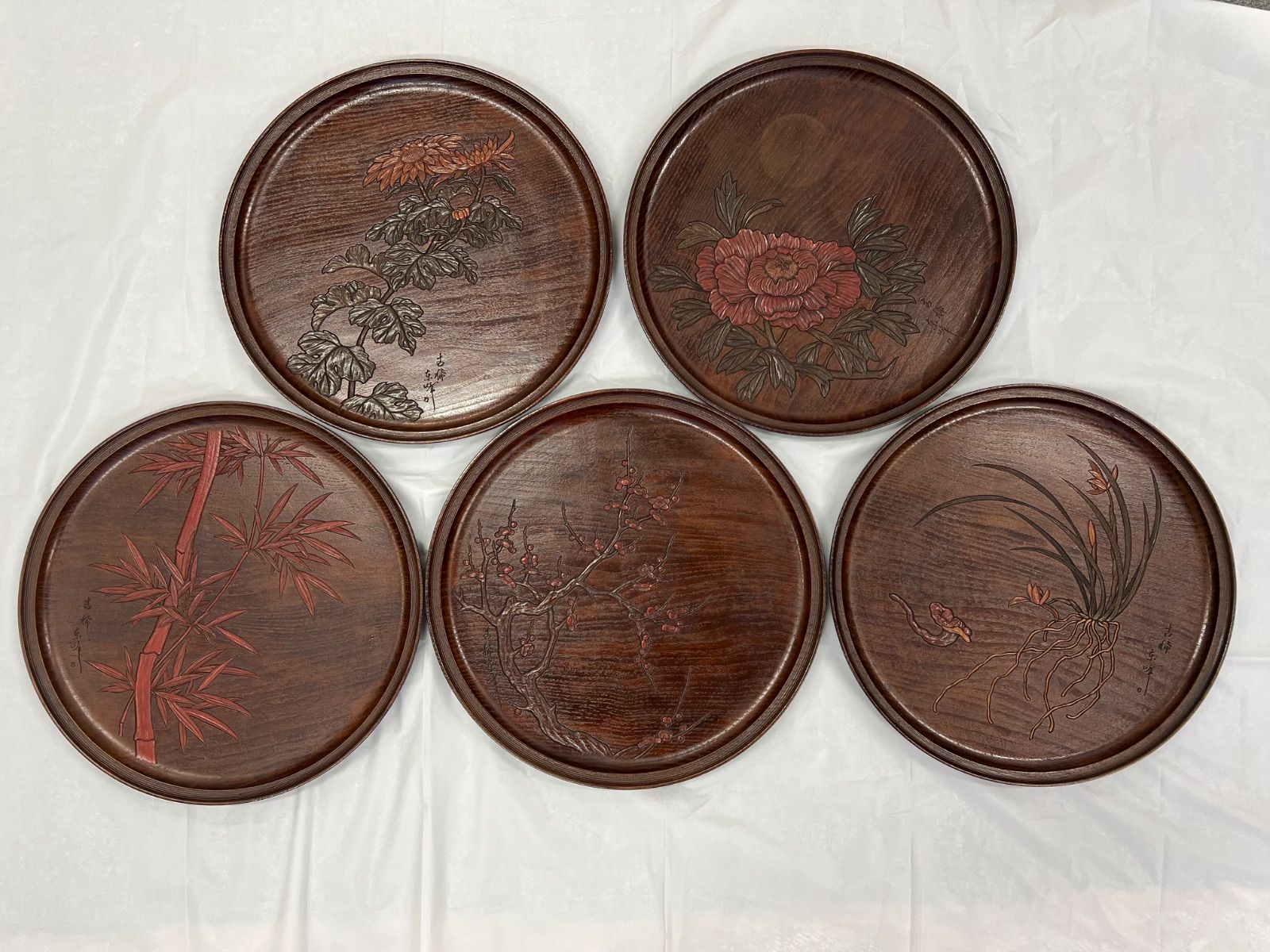 烏城彫 丸盆 5点セット 木製 - メルカリ