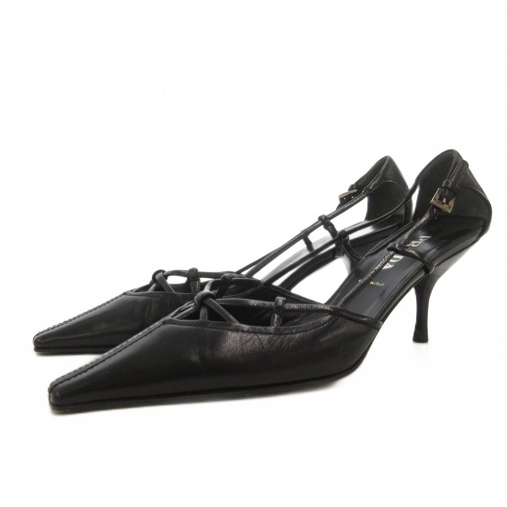 プラダ PRADA パンプス スクエアトゥ ハイヒール レザー 35.5 黒