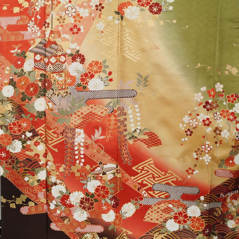 振袖セット 振袖・袋帯・長襦袢 3点 セット ぼかしに山鉾、エ霞、百花