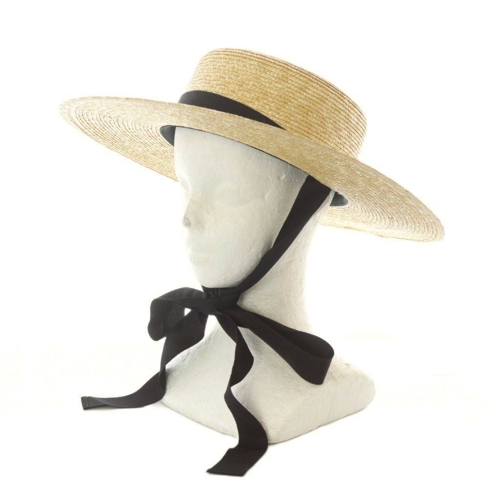 田中帽子店　麦わら帽子 57cm リボン付き 田中帽子店 麦わら帽子 57cm ベージュ つば広 リボン付き あご紐付き