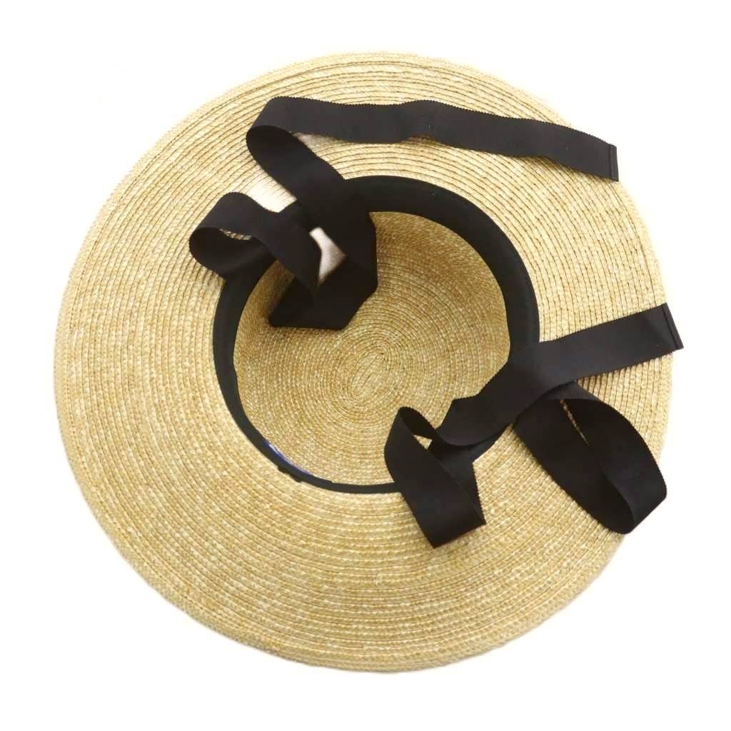 田中帽子店 麦わら帽子 57cm ベージュ つば広 リボン付き あご紐付き