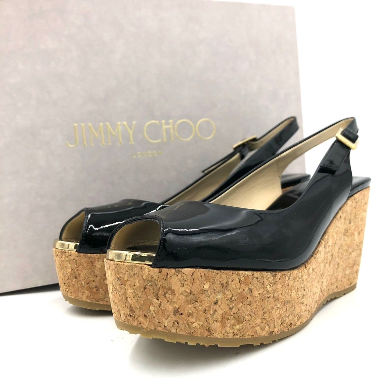 JIMMYCHOO黒サンダル34.5 ジミーチュウ ウェッジ サンダル エナメル 黒 34 21.5cm 箱付 美品