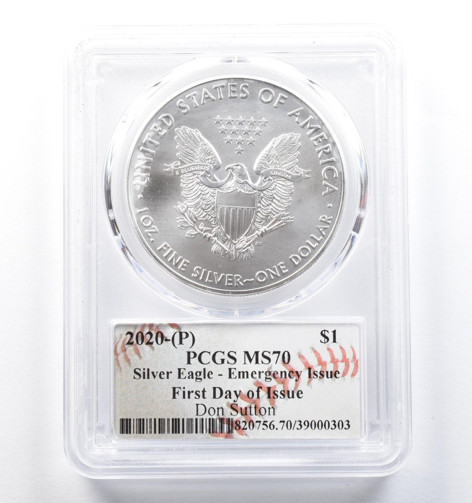 2020年 (P) アメリカンシルバーイーグル ドン・サットン発行 FDOI MS70