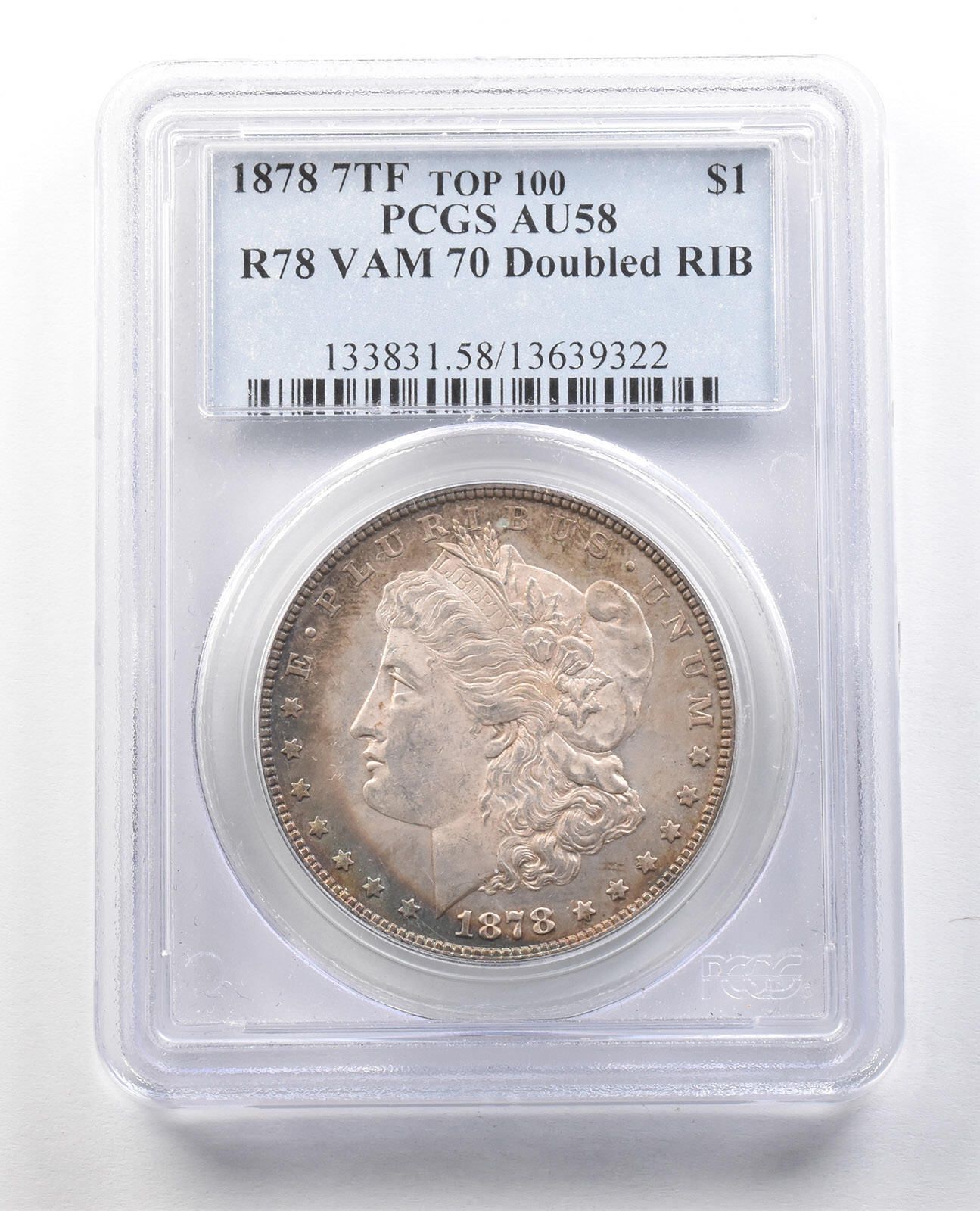 1878年 7TF モルガン銀貨 R78 VAM 70 ダブルRIB トップ100 AU58 PCGS