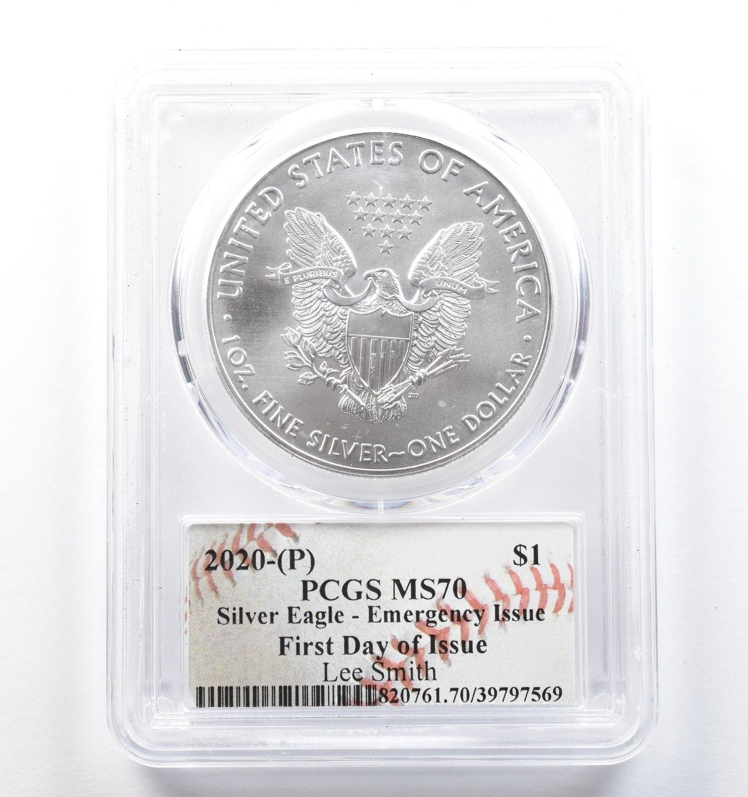 2020年 (P) アメリカン シルバー イーグル リー・スミス発行 FDOI MS70