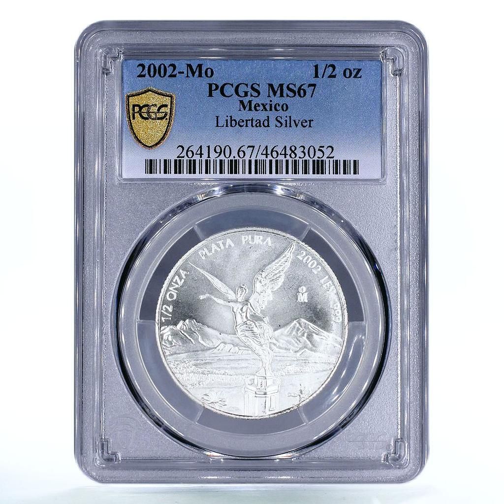 メキシコ 1/2 オンザ リベルタッド 独立の天使 MS67 PCGS 銀貨 2002
