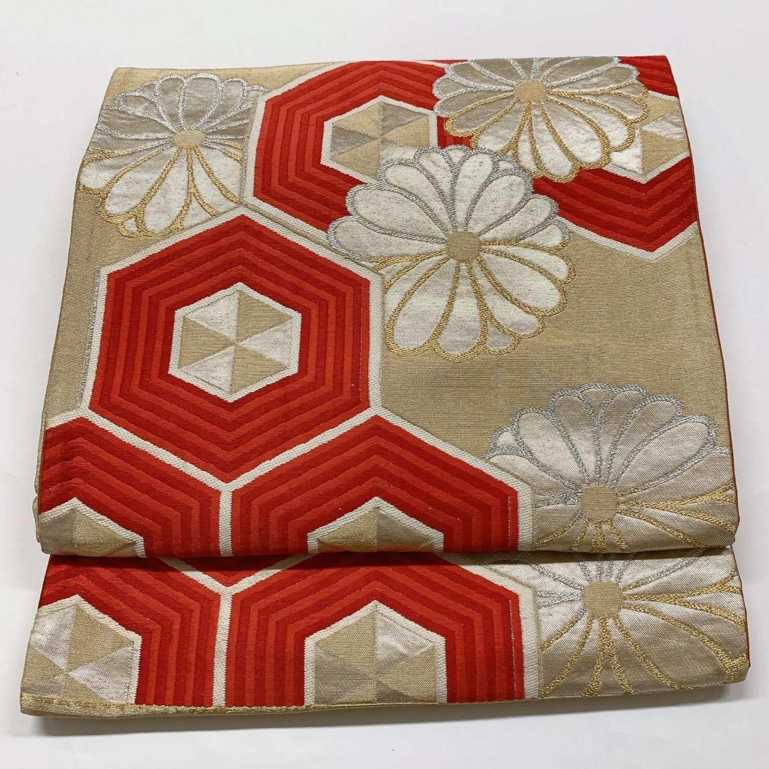 6827］袋帯 花亀甲文様 金銀糸 金 六通 未仕立て 正絹 着物 フォーマル