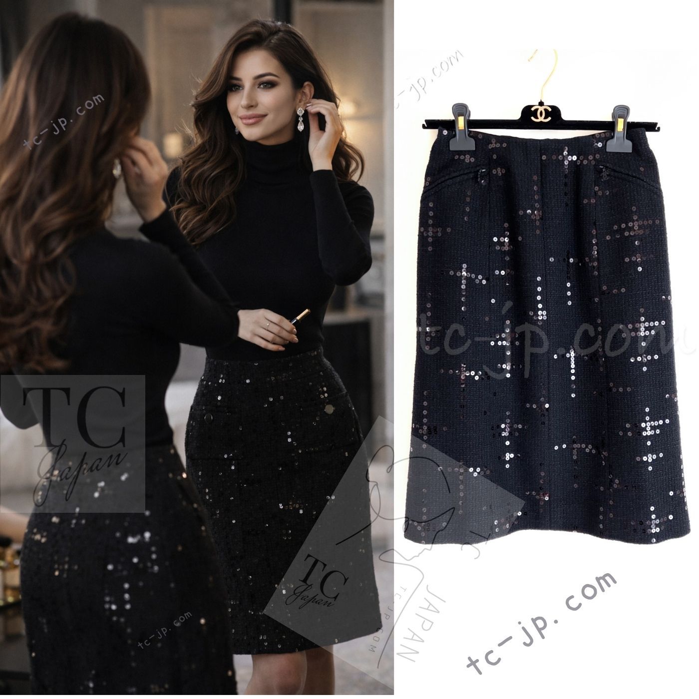 シャネル スカート CHANEL ブラック ルサージュ スパンコール コットン