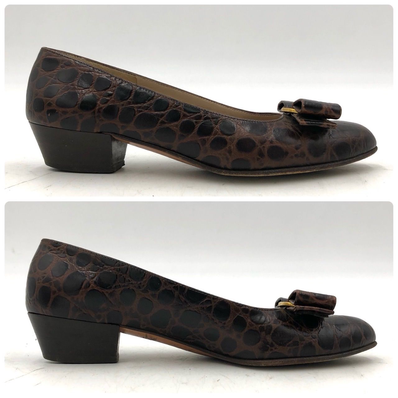フェラガモ パンプス クロコ型押し 黒 ヴァラ VARA フェラガモ ヴァラ パンプス クロコ型押し 茶 22cm ローヒール リボン