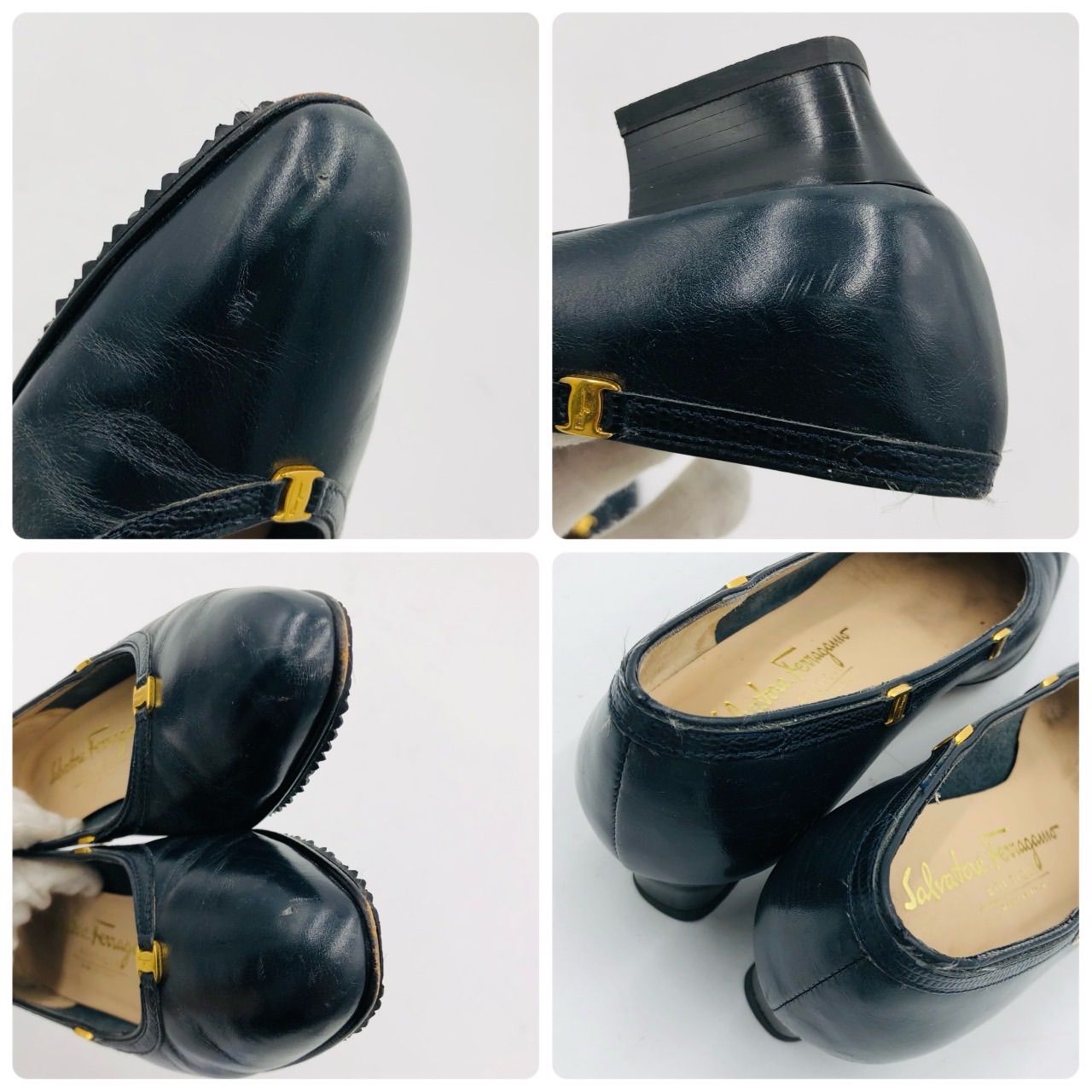 フェラガモ パンプス ガンチーニ ネイビー 22.5cm レザー 金具 チャン