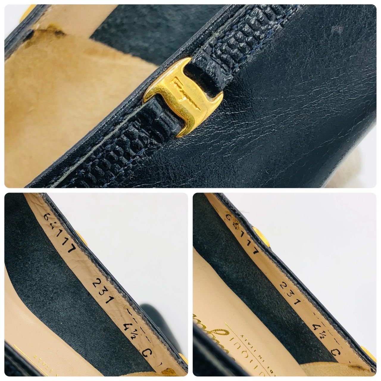 フェラガモ パンプス ガンチーニ ネイビー 22.5cm レザー 金具 チャン