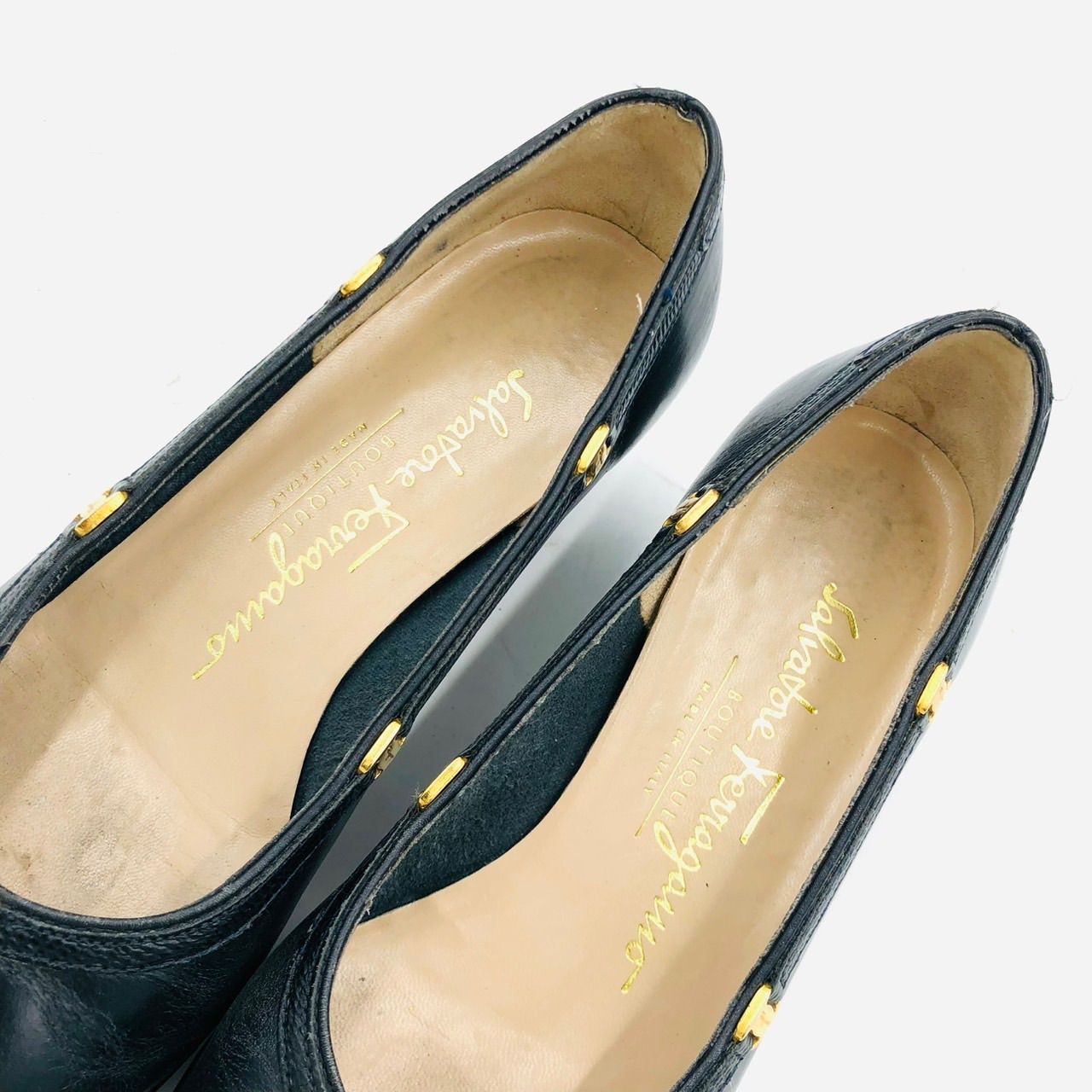 フェラガモ パンプス ガンチーニ ネイビー 22.5cm レザー 金具 チャン