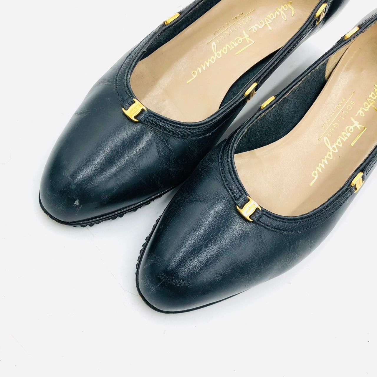 フェラガモ パンプス ガンチーニ ネイビー 22.5cm レザー 金具 チャン