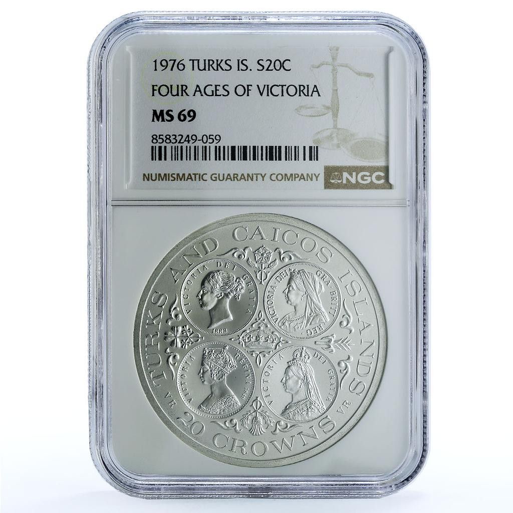 タークス・カイコス諸島 20クラウン ヴィクトリア女王 MS 69 NGC 銀貨
