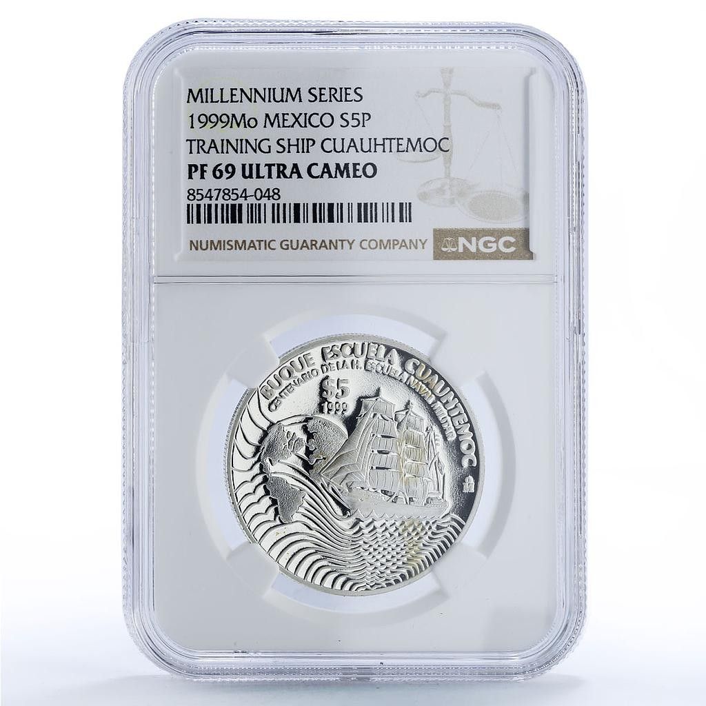メキシコ 5ペソ クアウテモック 100周年記念海軍学校船 PF 69 NGC 銀貨