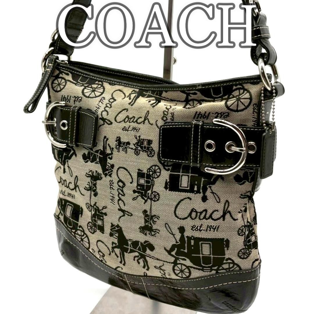 コーチ COACH ショルダーバッグ キャンバス レザー 馬車柄 ブラック