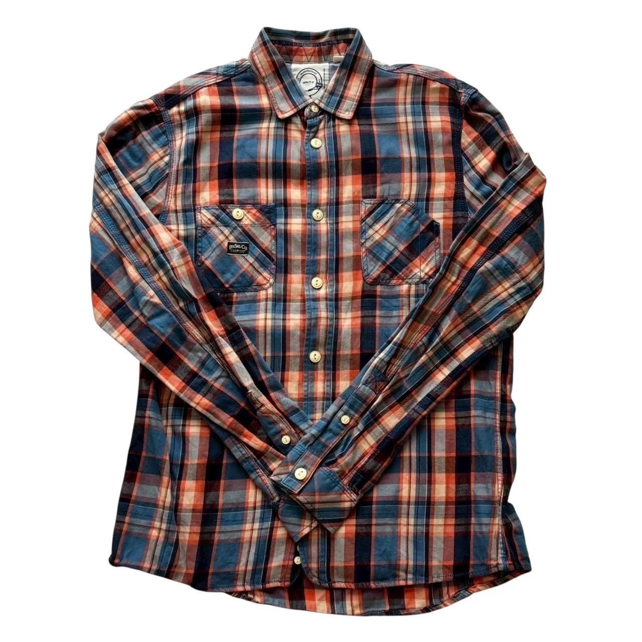 DIESEL ディーゼル 長袖チェックシャツ 青 オレンジ 総柄 胸元ロゴ入り 