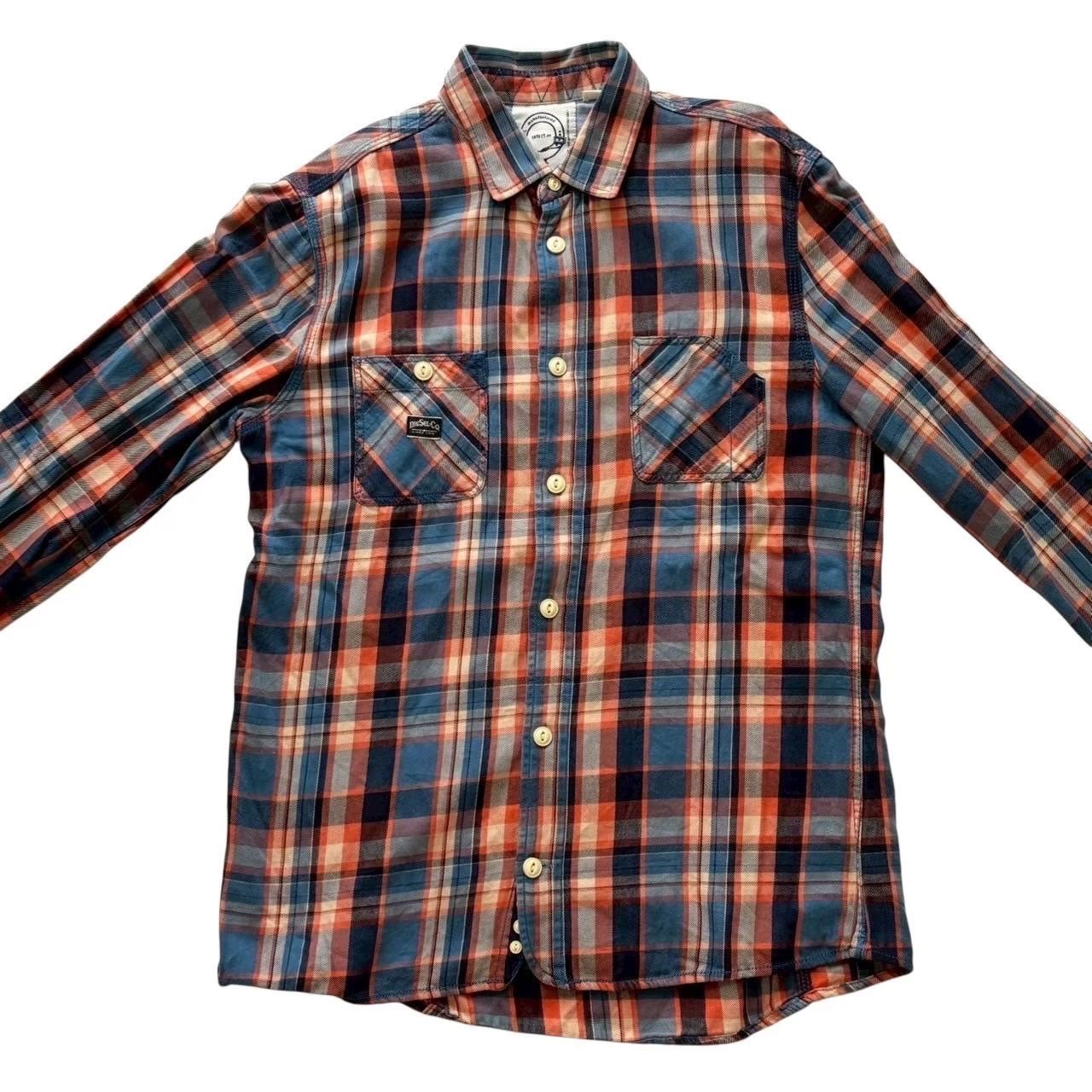 DIESEL ディーゼル 長袖チェックシャツ 青 オレンジ 総柄 胸元ロゴ入り 