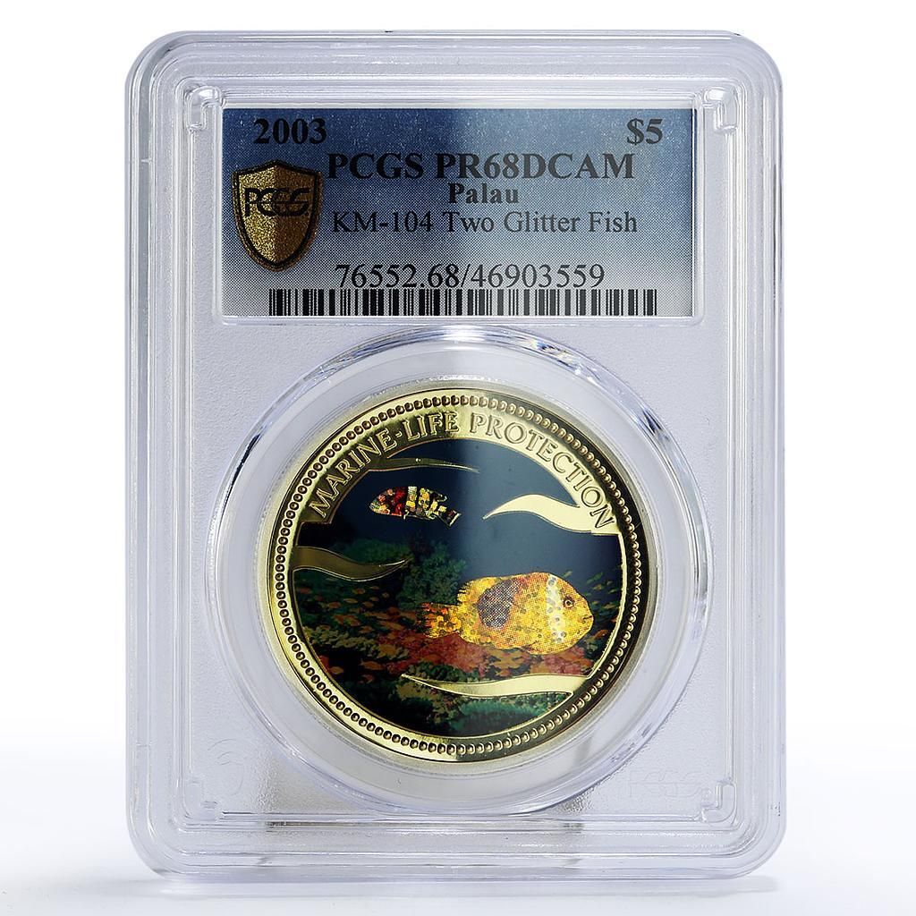 パラオ 5ドル 海洋生物保護 2匹のキラキラ魚 PR68 PCGS 銀貨 2003年