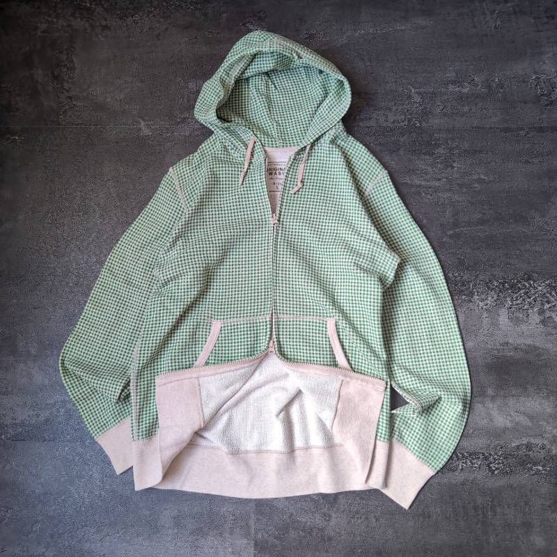 Old Uniqlo Double Zip Hoodie Gingham Check Green Beige Men's L