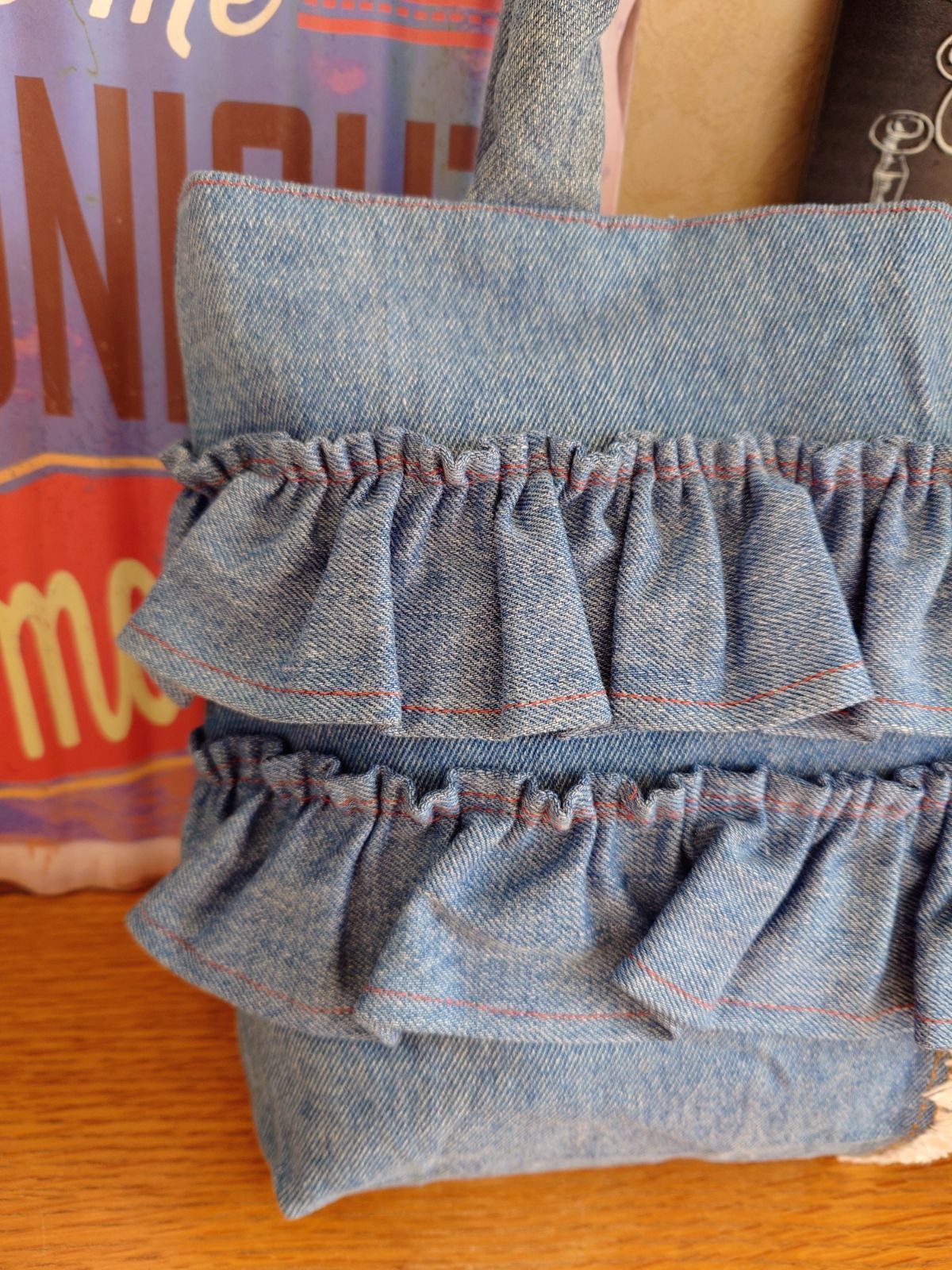 1☆USEDデニムリメイク☆2段フリル☆トートバッグ☆ジーンズリメイク