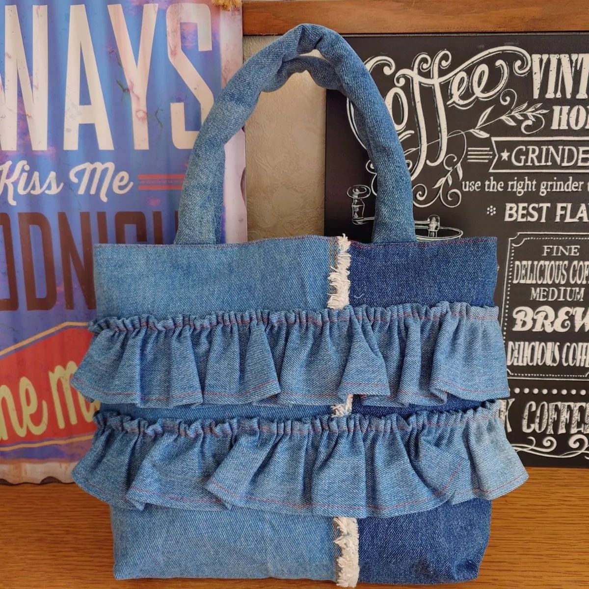 1☆USEDデニムリメイク☆2段フリル☆トートバッグ☆ジーンズリメイク
