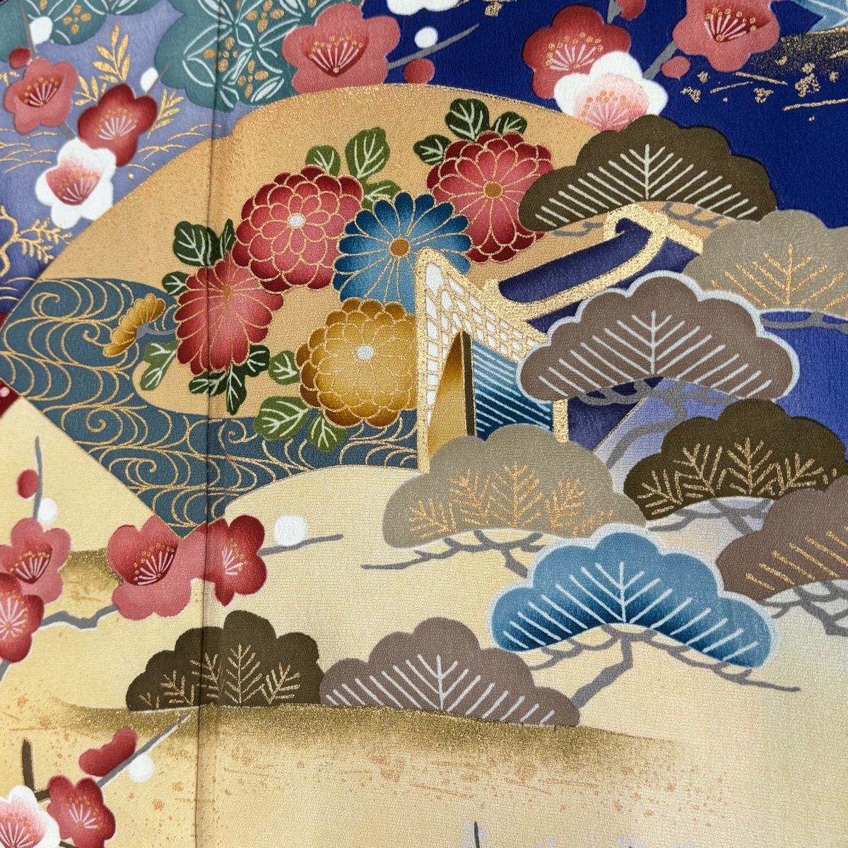 振袖 身丈159cm 裄丈68cm L 袷 扇面 松竹梅 金彩 ぼかし 青 正絹 秀品
