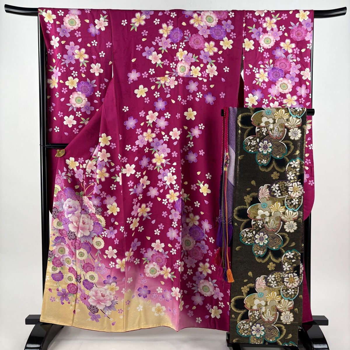 美品】 振袖 身丈160cm 裄丈65.5cm M 袷 袋帯フルセット 花束 桜 金彩