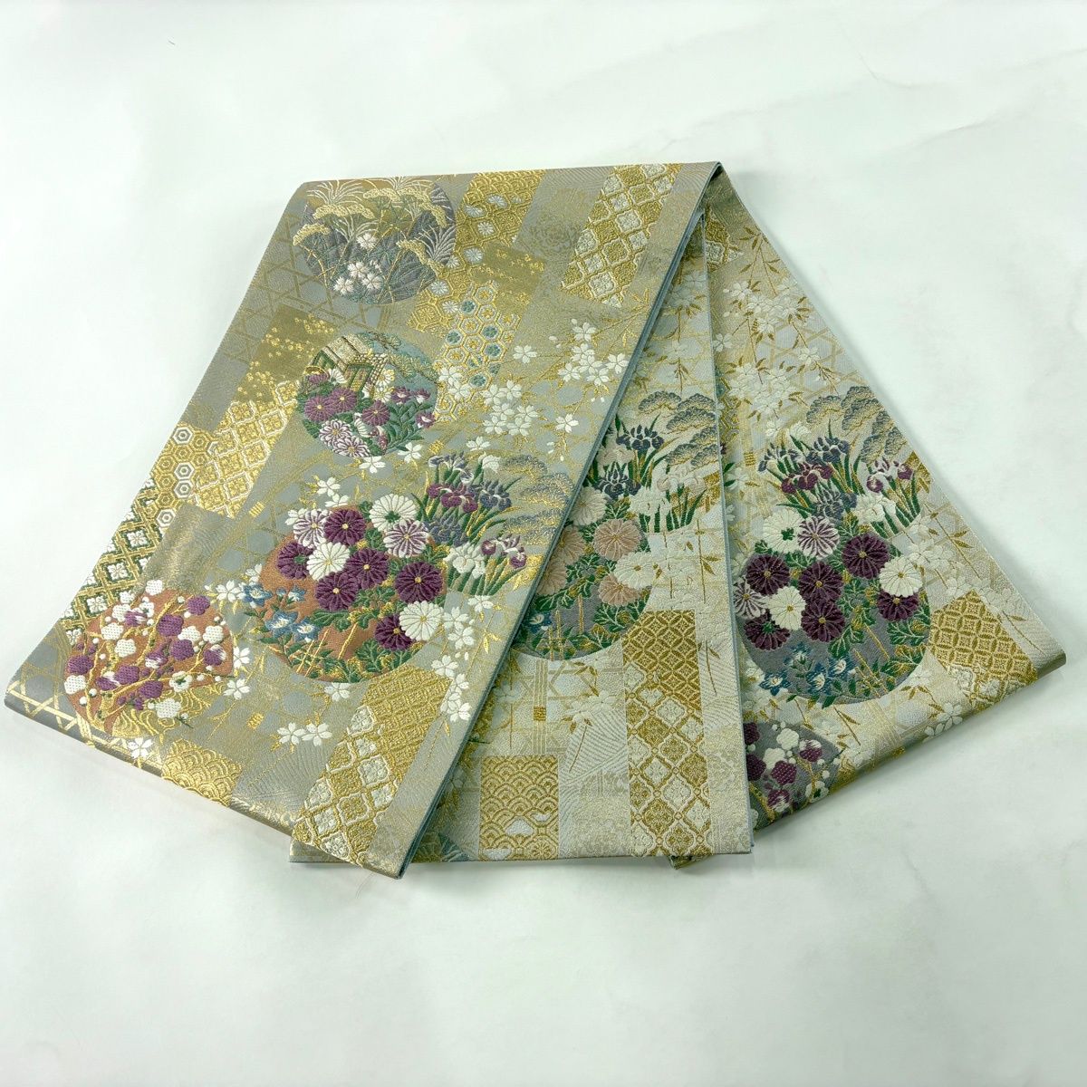 極上の逸品□正絹□帝王紫手刺繍□飛鶴文様袋帯□