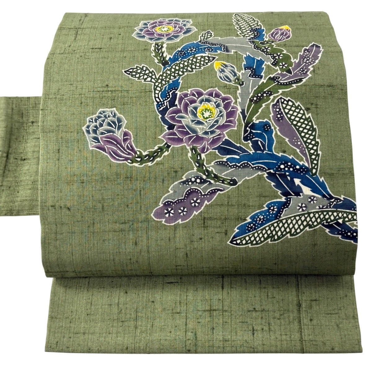 名古屋帯 逸品 落款 知念紅型工房 琉球びんがた 草花 よもぎ色 正絹 